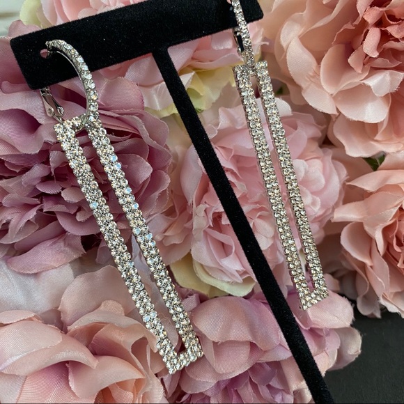 Sparkly Crystal Rhinestone Rectangle Drop Earrings - Picture 8 of 8